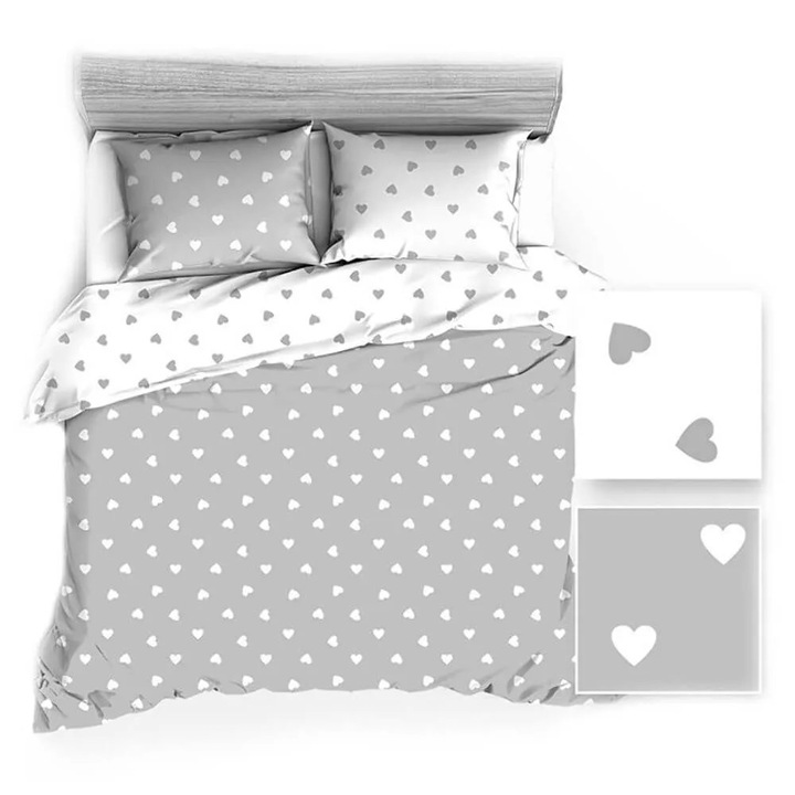 Paplanhuzat, 180x200 cm, fehér-szürke, szívecskés mintás, 100% pamut, 1 darabos szett