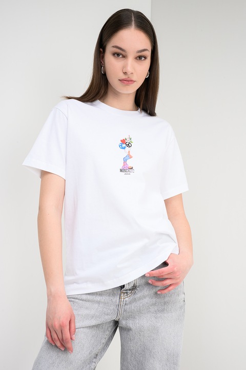 Moschino Jeans, Tricou lejer cu imprimeu grafic, Alb/Portocaliu/Albastru