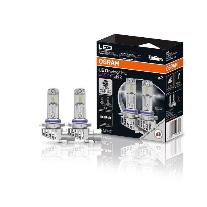Bec auto LED Osram HB3/HB4/HIR1/HIR2 6500K, set 2 buc, instalare ușoară, lumina albă rece