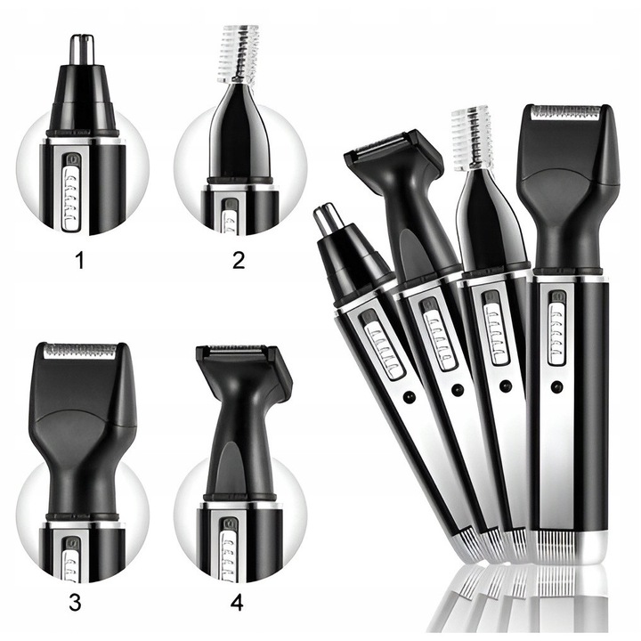 Trimer Kemei 4 in 1 pentru barba, nas si sprancene, fara fir, inox, set complet