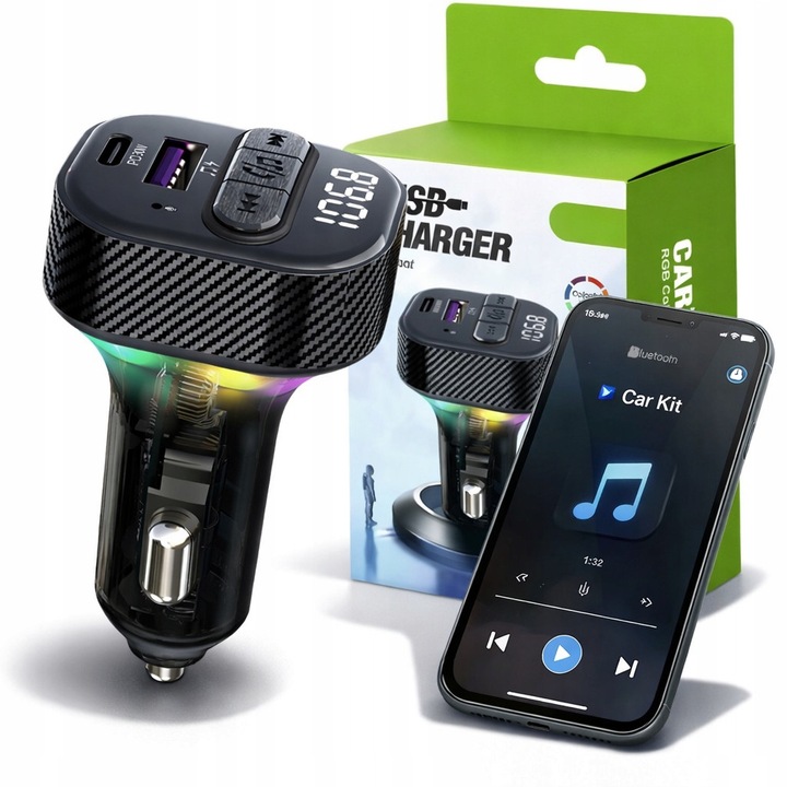 Transmitator auto FM Bluetooth 5.3, incarcare rapida USB-A si USB-C, negru, 7.5x4x3.5cm