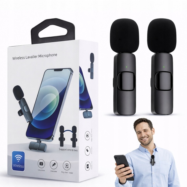 Set 2x Microfon wireless de cravata USB-C, reducere zgomot, 20m distanta, 62x23x28mm
