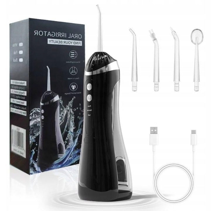 Irigator dentar portabil, 4 duze, 3 moduri, 200 ml, negru