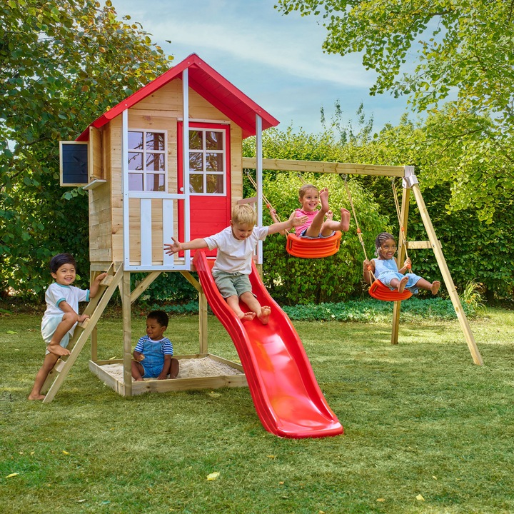 Casuta de gradina TP TOYS, Poppy Cottage, cu platforma cu loc pentru nisip, tobogan si leagan dublu, lemn, rosu/natur/alb