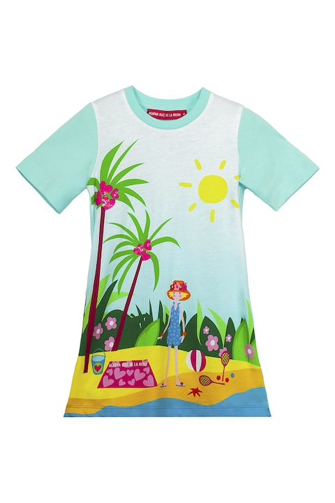 Agatha Ruiz de la Prada, Rochie din bumbac cu croiala dreapta si imprimeu, Verde/Galben/Albastru aquamarin