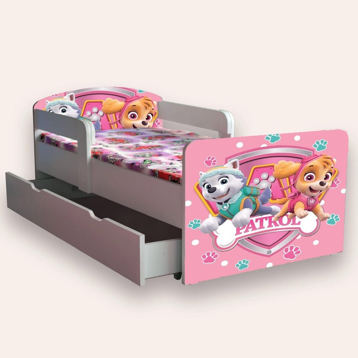 Pat mediu PAW PATROL FETE cu manere, sertar pe roti, saltea 140x70cm, Alb, 144x76cm