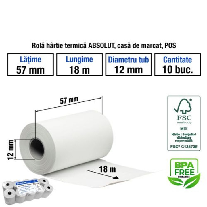 Rola hartie termica ABSOLUT, casa de marcat, POS, 57mmx18m, 48g±5, tub 12mm, BPA free, set 10 buc