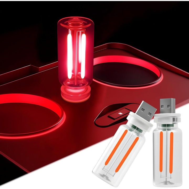 2 Bucuri Lampa LED USB Ambientala Auto, Touch Reglabila, Mini Portabila din Sticla Vintage, Decor pentru Masina, Camera, Hol, Camping (Rosu)