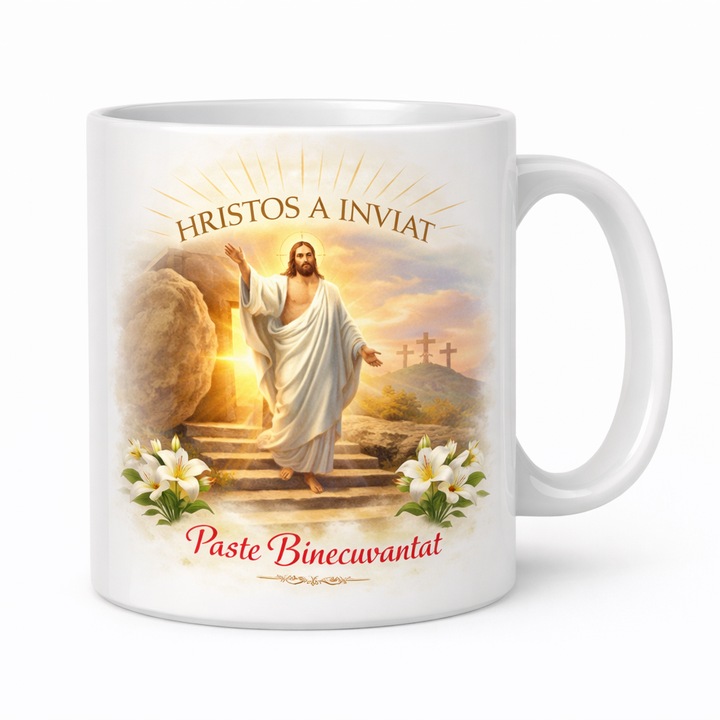 Cana personalizata Paste – Hristos a Inviat, design elegant cu tematica religioasa, cadou special