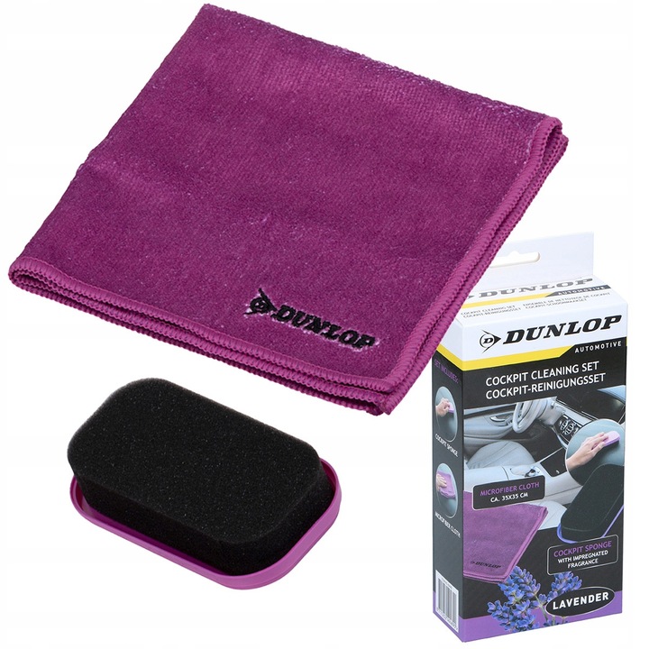 Set curatare bord, Dunlop, 2 piese, burete impregnat laveta microfibra, parfum lavanda, antistatic, elimina praful, prospetime interior