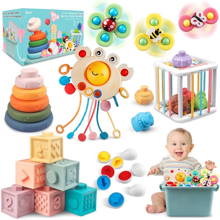 Set Jucarii Montessori Educative 6in1 SmartPlay Indiggo@, pentru Bebelusi 6+ luni, Cuburi Senzoriale Moi, Spinner Rotativ, Inele de Stivuire, Sortator Forme, Jucarie Senzoriala si de Dezvoltare Timpurie, Multicolor