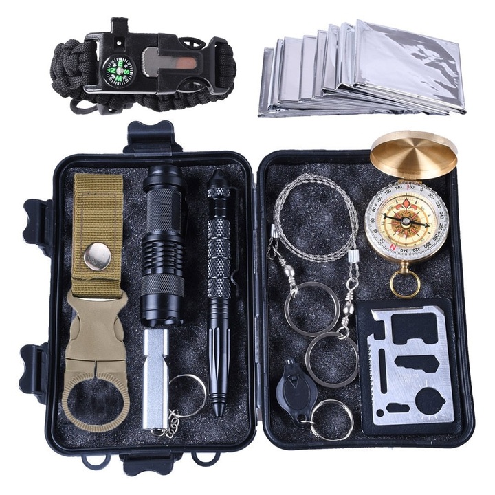 Kit supravietuire multifunctional camping si urgente, trusa compacta cu busola, lanterna, amnar, card unealta, paracord si accesorii outdoor