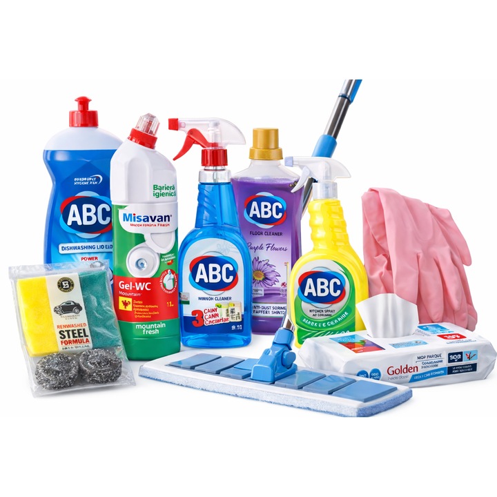 Set complet de curățenie 10 piese, ABC, mop rotativ, racletă multifuncțională, multicolor