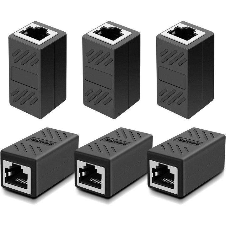 Adaptor retea DDB RJ45 – set 6 bucati, cuplaj Ethernet, conector inline compatibil cu Cat7/Cat6/Cat5e/Cat5, pentru router/switch/TV/PC (Negru)