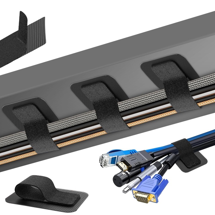 Set 40 Organizator cabluri autoadezive, organizator de cabluri sub birou, Suport imbunatatit pentru cabluri, cleme reglabile cu carlig si bucla, accesorii esentiale pentru biroul de acasa, cleme pentru ascunderea cablurilor sub masa, Negru