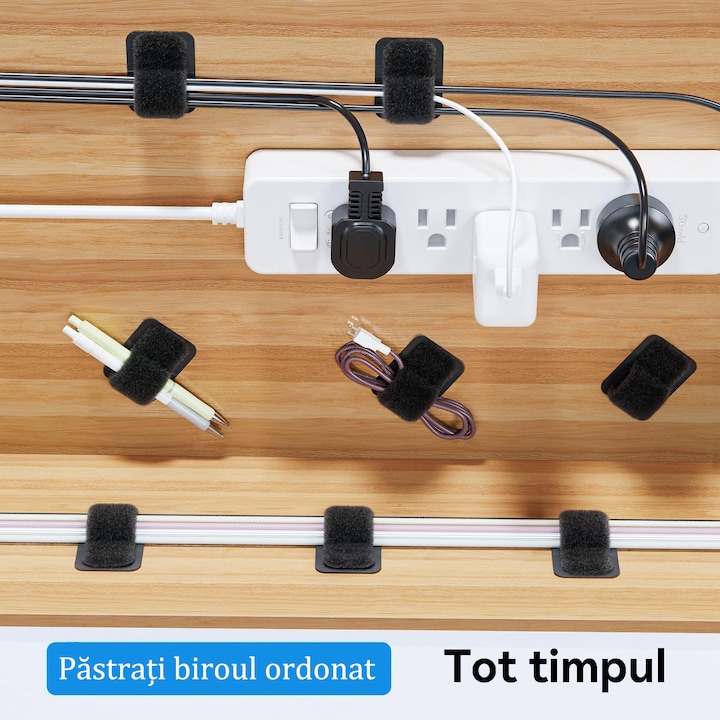 Set 40 Organizator cabluri autoadezive, organizator de cabluri sub birou, Suport imbunatatit pentru cabluri, cleme reglabile cu carlig si bucla, accesorii esentiale pentru biroul de acasa, cleme pentru ascunderea cablurilor sub masa, Negru