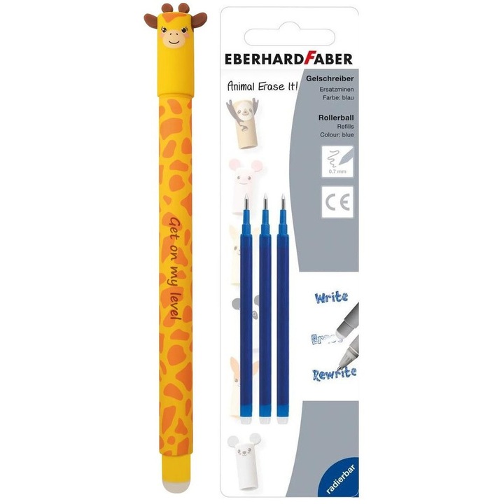 Set roller cu stergere 0.7mm '' Animal Erase It'', Girafa + 3 rezerve, Eberhard-Faber