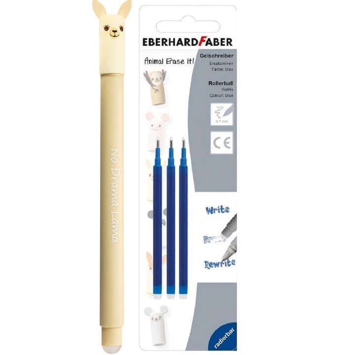 Set roller cu stergere 0.7mm '' Animal Erase It'', Lama + 3 rezerve, Eberhard-Faber