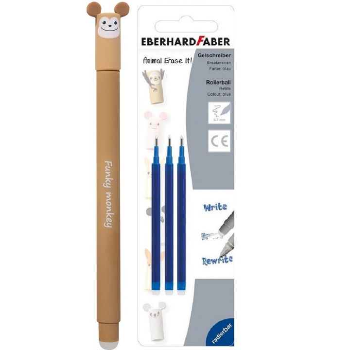 Set roller cu stergere 0.7mm '' Animal Erase It'', Maimuta + 3 rezerve, Eberhard-Faber
