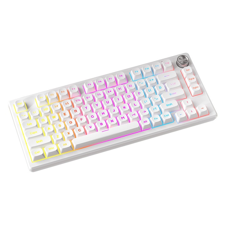 FURYCUBE IP75 Gaming Billentyűzet, Mechanikus Érzet, 75%-os Elrendezés 75 Billentyű, Intelligens AI Forgó Gomb, PBT Dual-Injection Gömbölyű Billentyűsapkák, RGB Világítás, Csendes Gépelés, Levehető Type-C Kábel, Fehér