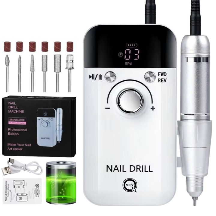 Freza pentru unghii V6, QSKY, alb, set de 6 freze + 6 capace abrazive, motor fara perii, ecran LCD