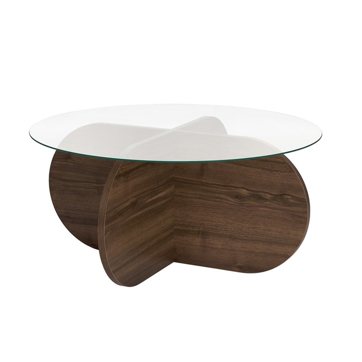 Masuta cafea rotunda Timeless Tools, cu blat din sticla securizata, 75 x 35 x 75 cm, Nuc