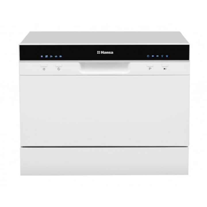 Masina de spalat vase Hansa compacta ZWM556WH Hansa, Capacitate 6 seturi, Numar programe 5, Clasa energetica F, Cos tacamuri, Motor Universal, 49db