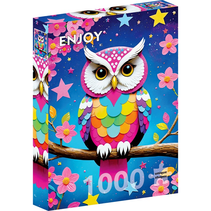 Puzzle 1000 Piese ENJOY – Starry Owl, Bufnita Colorata printre Flori de Cires si Stele – Aspect Mat Anti-Reflexii, Suprafata Catifelata, Piese Rigide cu Forme Unice, Imbinare Stransa, Culori Intense, Inlocuire Piese Lipsa – 48x68 cm