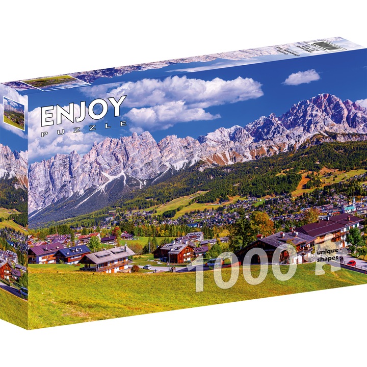 Puzzle 1000 Piese ENJOY – Cortina d'Ampezzo, Italy, Peisaj cu Oras din Muntii Alpi Dolomiti, Italia, Europa – Aspect Mat Anti-Reflexii, Suprafata Catifelata, Piese Rigide cu Forme Unice, Imbinare Stransa, Culori Intense, Inlocuire Piese Lipsa – 68x48 cm