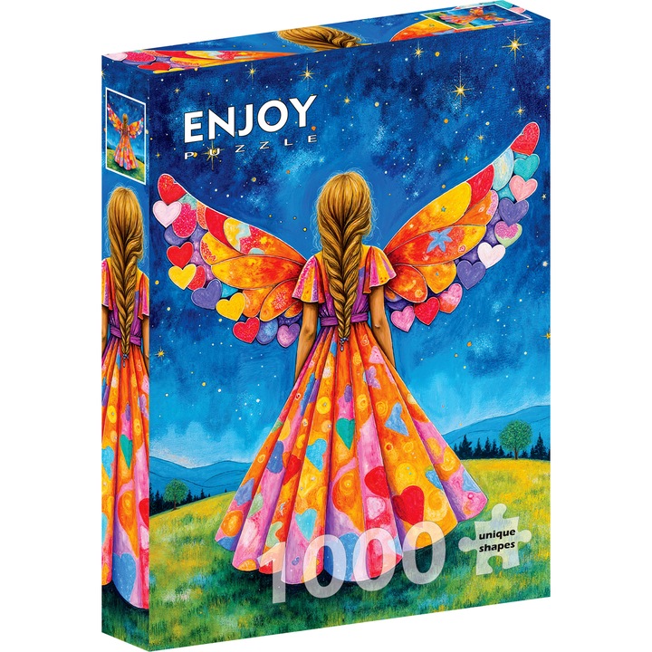 Puzzle 1000 Piese ENJOY – Heart Wings, Fetita cu Aripi de Inima si Rochita Colorata in Natura – Aspect Mat Anti-Reflexii, Suprafata Catifelata, Piese Rigide cu Forme Unice, Imbinare Stransa, Culori Intense, Inlocuire Piese Lipsa – 48x68 cm