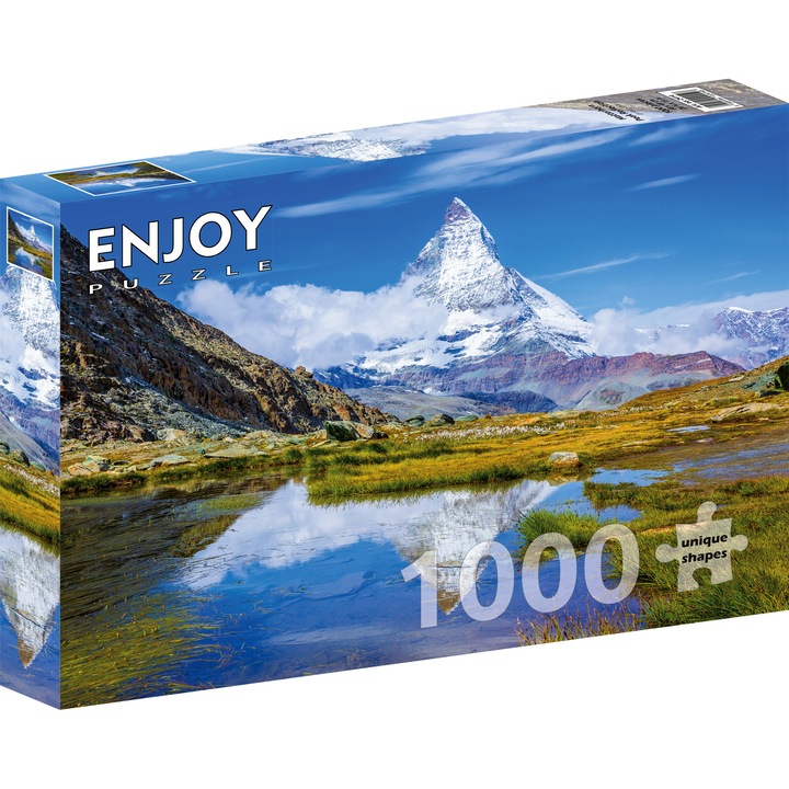 Puzzle 1000 Piese ENJOY – Matterhorn Peak Reflection, Peisaj din Natura cu Muntii Alpi, Europa – Aspect Mat Anti-Reflexii, Suprafata Catifelata, Piese Rigide cu Forme Unice, Imbinare Stransa, Culori Intense, Inlocuire Piese Lipsa – 68x48 cm