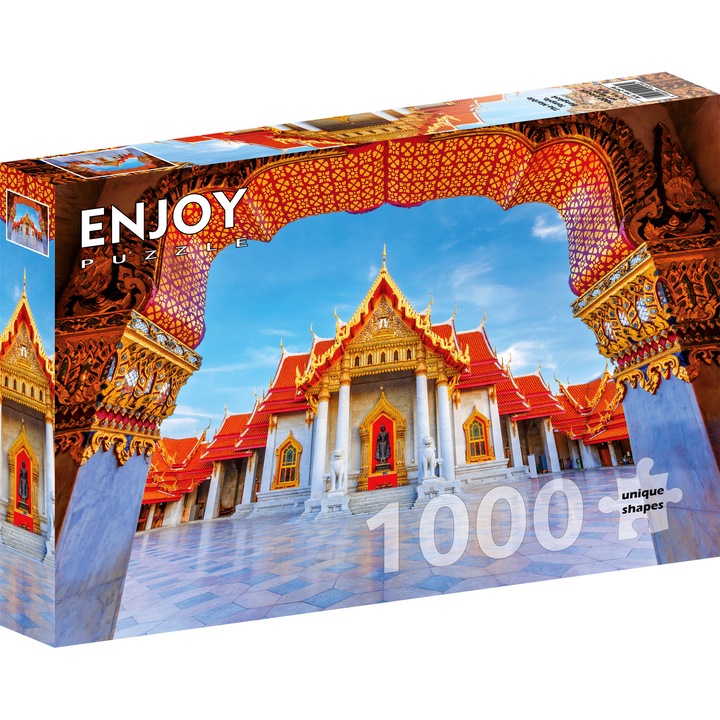 Puzzle 1000 Piese ENJOY – The Marble Temple, Bangkok, Templu Budist, Monument Religios, Thailanda – Aspect Mat Anti-Reflexii, Suprafata Catifelata, Piese Rigide cu Forme Unice, Imbinare Stransa, Culori Intense, Inlocuire Piese Lipsa – 68x48 cm