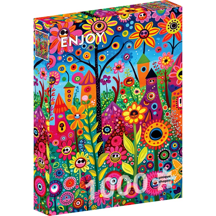 Puzzle 1000 Piese ENJOY – Playful Garden, Ilustratie cu Gradina, Case si Flori Colorate – Aspect Mat Anti-Reflexii, Suprafata Catifelata, Piese Rigide cu Forme Unice, Imbinare Stransa, Culori Intense, Inlocuire Piese Lipsa – 48x68 cm