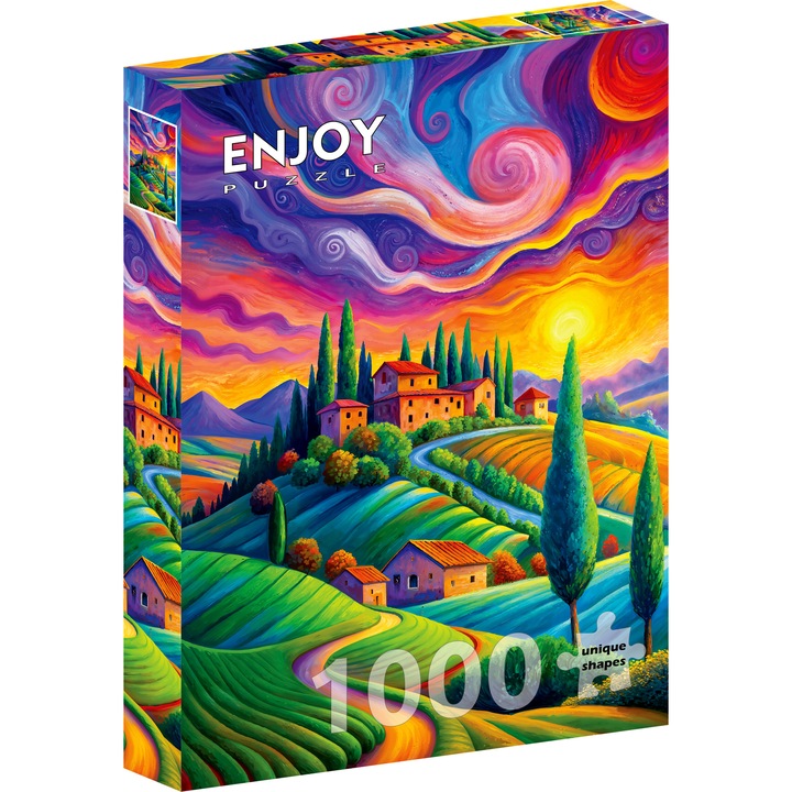 Puzzle 1000 Piese ENJOY – Tuscan Light, Sat din Toscana, Italia, Peisaj la Apus cu Dealuri si Case – Aspect Mat Anti-Reflexii, Suprafata Catifelata, Piese Rigide cu Forme Unice, Imbinare Stransa, Culori Intense, Inlocuire Piese Lipsa – 48x68 cm