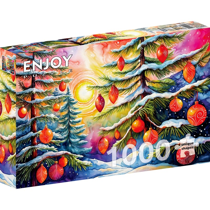 Puzzle 1000 Piese ENJOY – Christmas Sunrise, Rasarit in Padure cu Brazi de Craciun – Aspect Mat Anti-Reflexii, Suprafata Catifelata, Piese Rigide cu Forme Unice, Imbinare Stransa, Culori Intense, Inlocuire Piese Lipsa – 68x48 cm