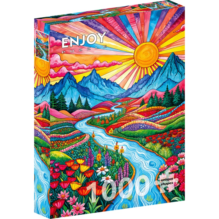 Puzzle 1000 Piese ENJOY – Colorful Highlands, Peisaj Colorat cu Munti, Rau si Flori, Natura in Vara – Aspect Mat Anti-Reflexii, Suprafata Catifelata, Piese Rigide cu Forme Unice, Imbinare Stransa, Culori Intense, Inlocuire Piese Lipsa – 48x68 cm