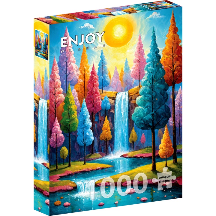 Puzzle 1000 Piese ENJOY – Forest Cascade, Peisaj cu Cascada, Rau si Copaci Colorati, Zi in Natura – Aspect Mat Anti-Reflexii, Suprafata Catifelata, Piese Rigide cu Forme Unice, Imbinare Stransa, Culori Intense, Inlocuire Piese Lipsa – 48x68 cm