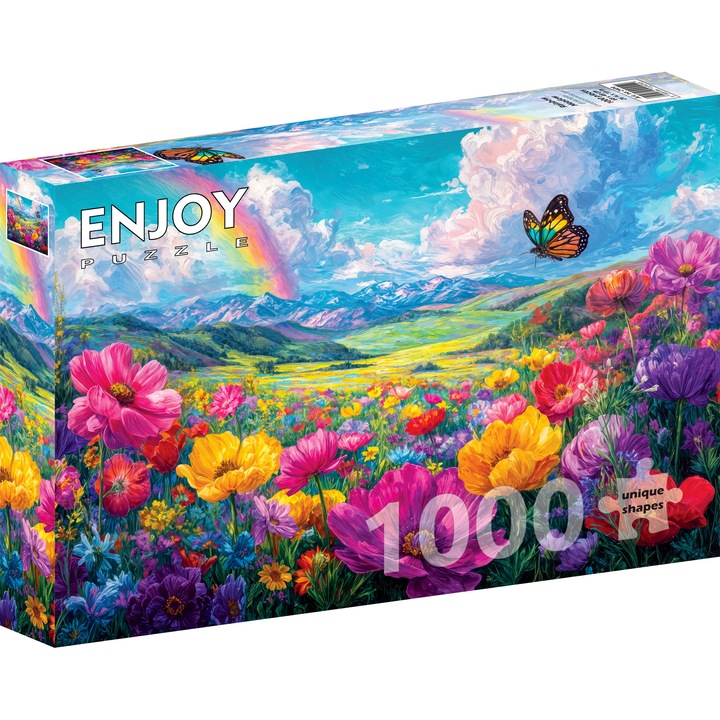 Puzzle 1000 Piese ENJOY – Rainbow Meadow, Camp cu Flori Colorate si Fluture Curcubeu, Peisaj cu Munti – Aspect Mat Anti-Reflexii, Suprafata Catifelata, Piese Rigide cu Forme Unice, Imbinare Stransa, Culori Intense, Inlocuire Piese Lipsa – 68x48 cm