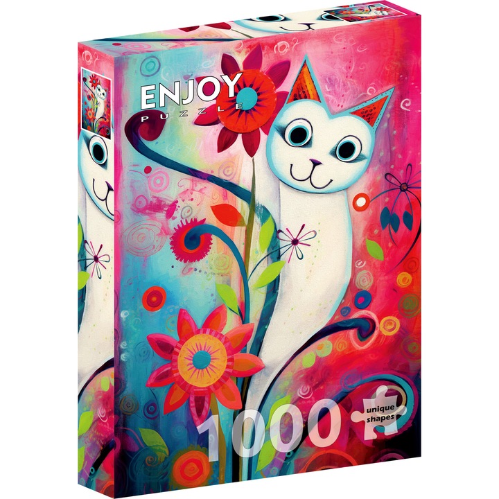 Puzzle 1000 Piese ENJOY – A Happy White Cat, Pisica Alba intre Flori – Aspect Mat Anti-Reflexii, Suprafata Catifelata, Piese Rigide cu Forme Unice, Imbinare Stransa, Culori Intense, Inlocuire Piese Lipsa – 48x68 cm