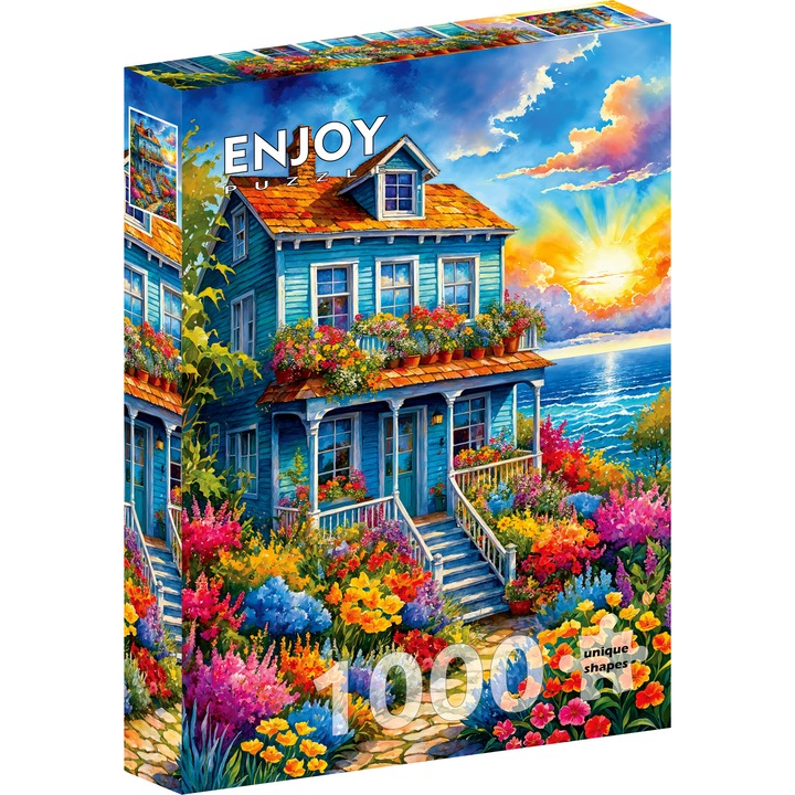 Puzzle 1000 Piese ENJOY – Ocean Garden, Casa la Ocean, Peisaj cu Gradina si Flori Colorate – Aspect Mat Anti-Reflexii, Suprafata Catifelata, Piese Rigide cu Forme Unice, Imbinare Stransa, Culori Intense, Inlocuire Piese Lipsa – 48x68 cm
