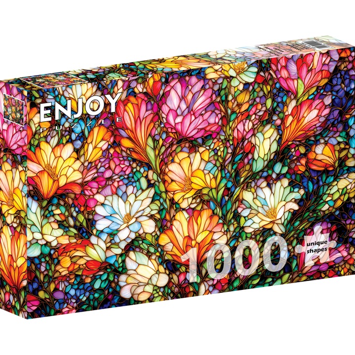 Puzzle 1000 Piese ENJOY – Abstract Stained Glass Flower Garden, Vitralii cu Flori Colorate – Aspect Mat Anti-Reflexii, Suprafata Catifelata, Piese Rigide cu Forme Unice, Imbinare Stransa, Culori Intense, Inlocuire Piese Lipsa – 68x48 cm