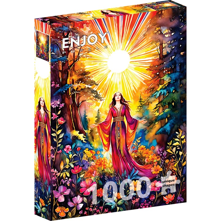 Puzzle 1000 Piese ENJOY – The Goddess in Spring, Zeita in Natura cu Flori si Rasarit, Peisaj de Primavara – Aspect Mat Anti-Reflexii, Suprafata Catifelata, Piese Rigide cu Forme Unice, Imbinare Stransa, Culori Intense, Inlocuire Piese Lipsa – 48x68 cm