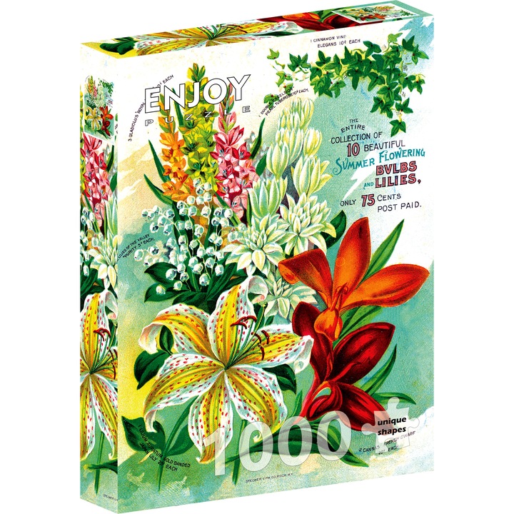 Puzzle 1000 Piese ENJOY – Vintage Flower Catalog Art, Crini, Lacramioare si Flori, Ilustratie Retro – Aspect Mat Anti-Reflexii, Suprafata Catifelata, Piese Rigide cu Forme Unice, Imbinare Stransa, Culori Intense, Inlocuire Piese Lipsa – 48x68 cm
