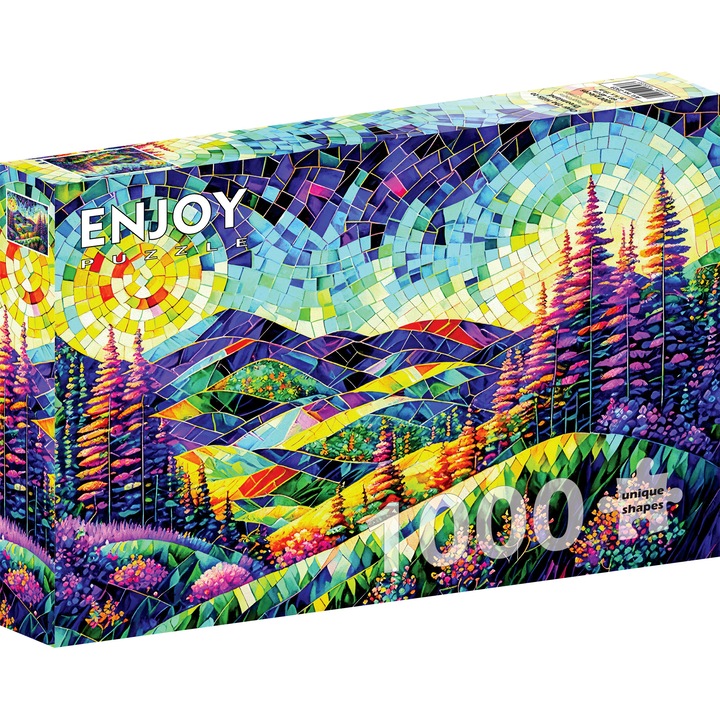 Puzzle 1000 Piese ENJOY – Over the Hills to Dreamland, Peisaj Colorat cu Dealuri si Pomi, Ilustratie Mozaic – Aspect Mat Anti-Reflexii, Suprafata Catifelata, Piese Rigide cu Forme Unice, Imbinare Stransa, Culori Intense, Inlocuire Piese Lipsa – 68x48 cm