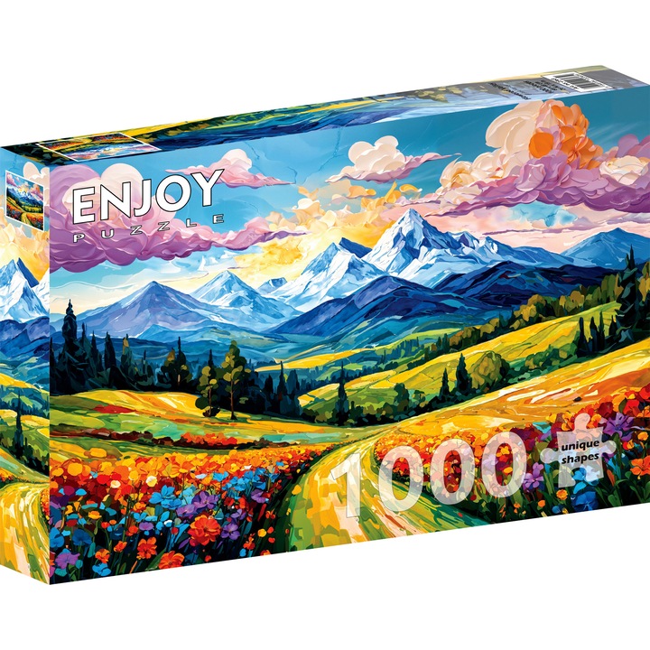 Puzzle 1000 Piese ENJOY – Flowered Valley, Peisaj cu Munte, Dealuri si Flori, Zi in Natura – Aspect Mat Anti-Reflexii, Suprafata Catifelata, Piese Rigide cu Forme Unice, Imbinare Stransa, Culori Intense, Inlocuire Piese Lipsa – 68x48 cm