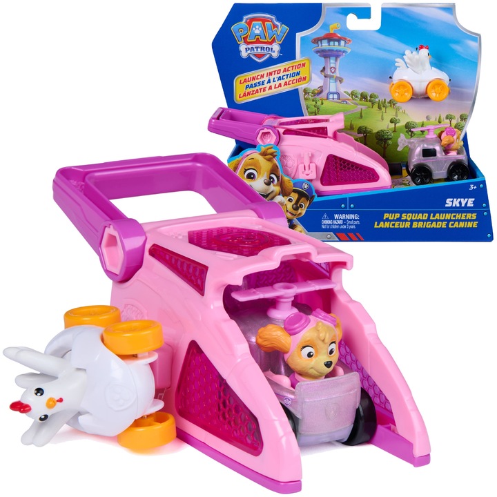 Mancs őrjárat Pup Squad járműszett Skye kilövővel és Chickaletta járművel, 6,3 cm, többszínű, 25,5x8x20cm
