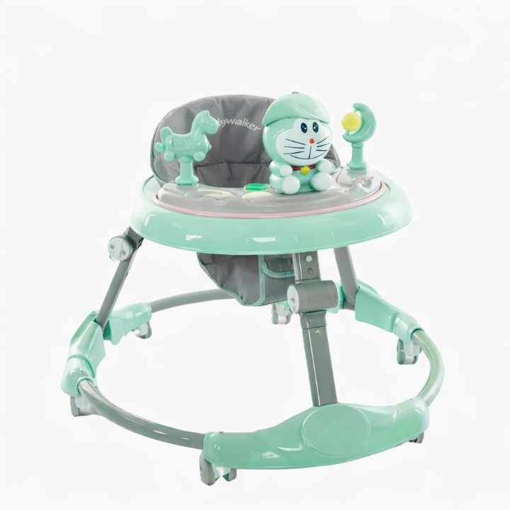 Проходилка 6-18 месеца Mixbo, Модел Ментова Зелена Котка, Бързо Сгъване, Регулируема Височина, Интерактивни Дейности