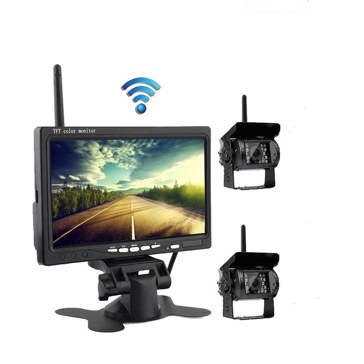 Sistem Dual de Camere Marsarier Wireless CamPark RC02+ pentru Camioane si Autobuze, Monitor LCD 7", Night Vision 15m, Transmisie 2.4GHz, Certificare IP67, Alimentare 12V-24V