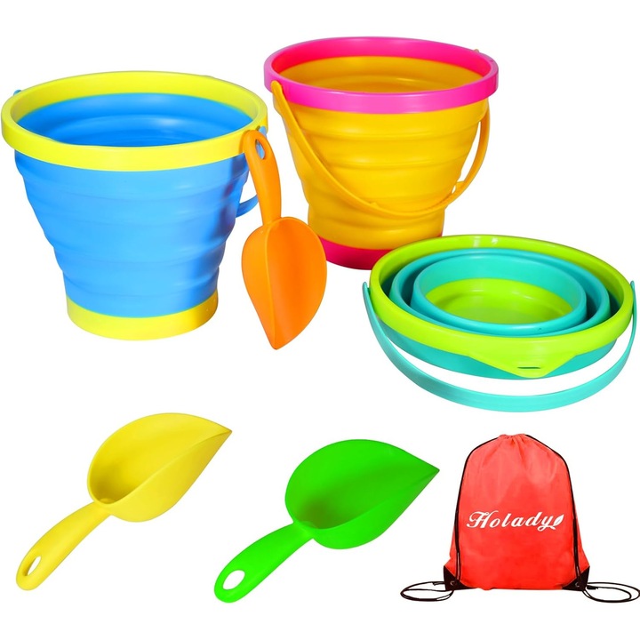 Set Galeți Pliabile Holady 3 buc, 2.5L, silicon și plastic, pentru plajă și camping, multicolor