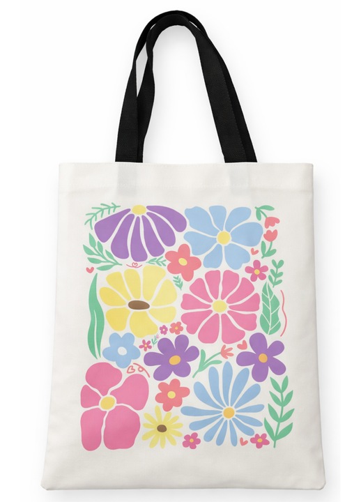 Чанта тип Tote Bag, бяла, цветен флорален принт, текстилен материал, 30x40см